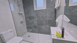 Chuveiro, secador de cabelo, toalhas de banho 