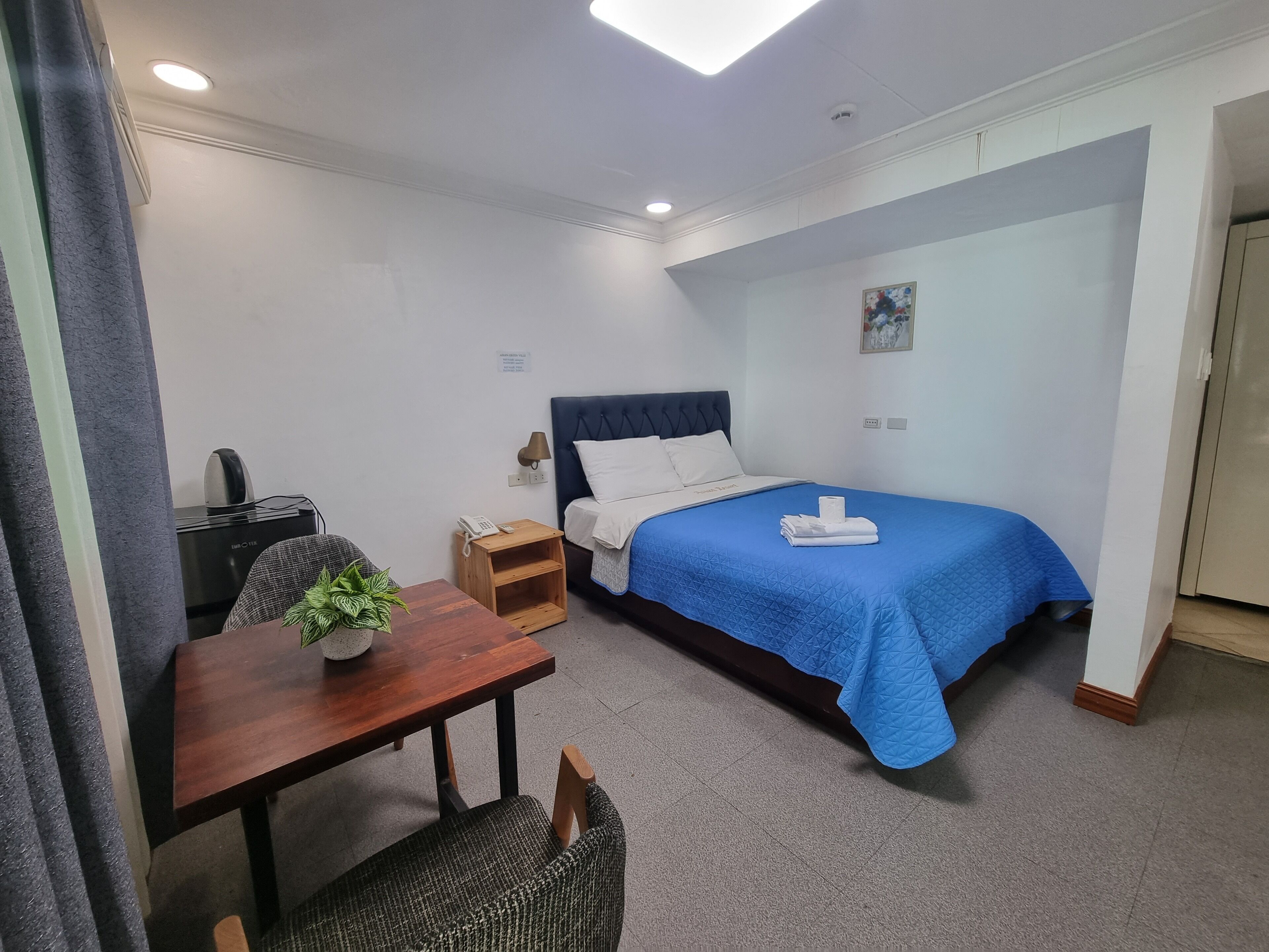 Habitación de hotel con cama, escritorio, silla, mesita con una planta, teléfono en la pared y un cuadro.