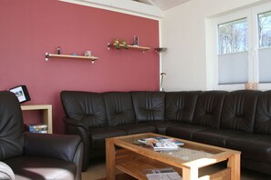 Smart-tv, een open haard, een dvd-speler en een stereo