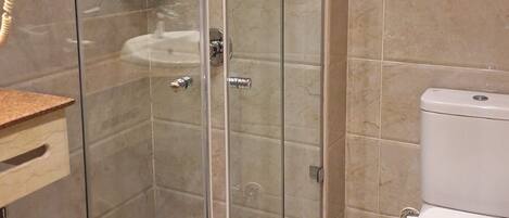 A glass-enclosed shower with a handheld showerhead, a sink, and a toilet in a bathroom with tiled walls and floor.