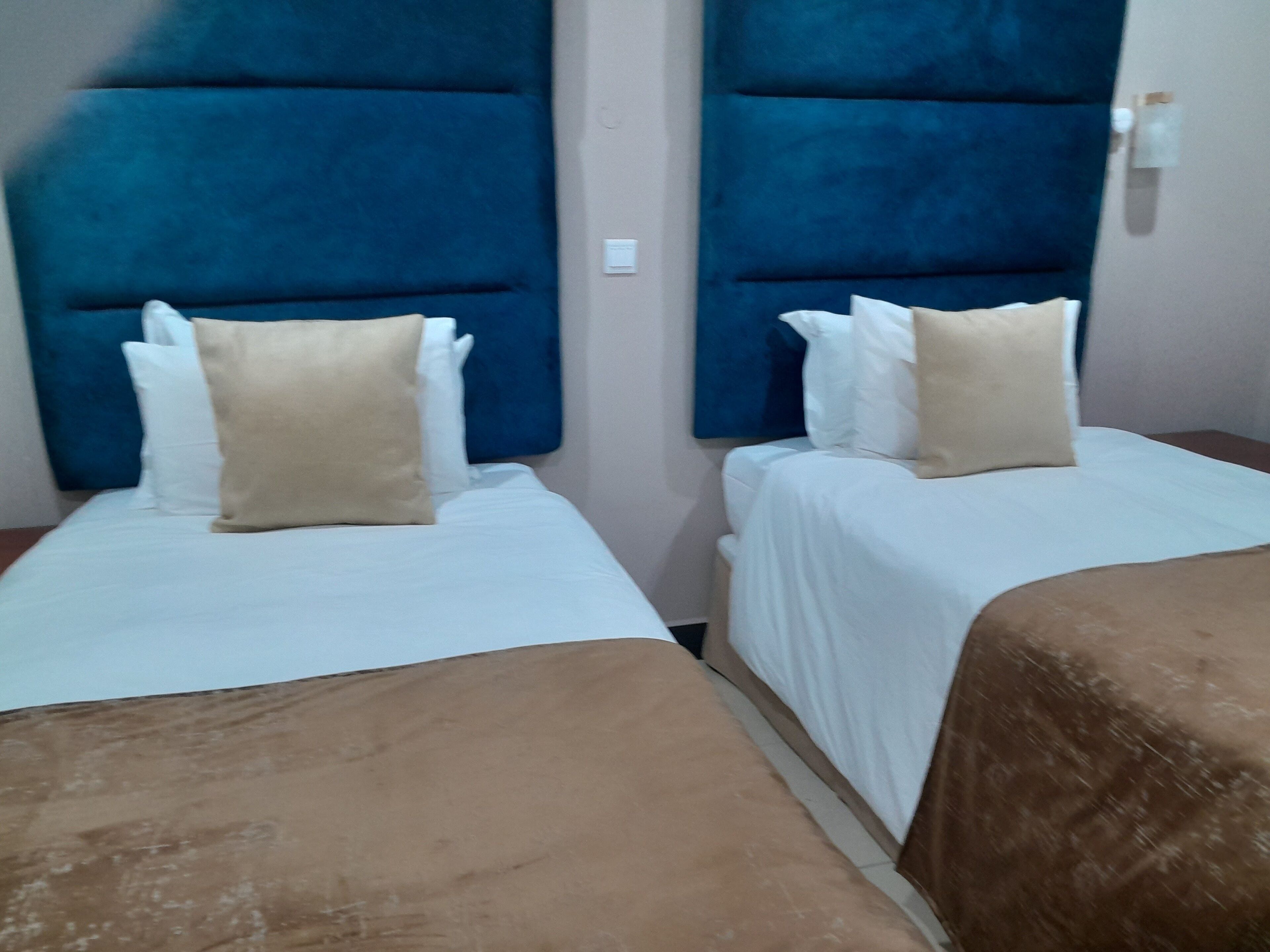 Two single beds with blue headboards and white bedding.