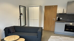 A compact living space with a grey sofa, two wooden tables, a bed with white bedding, a kitchenette with an oven, and a wardrobe with two doors. - Apartment 170 (Bad Münstereifel)