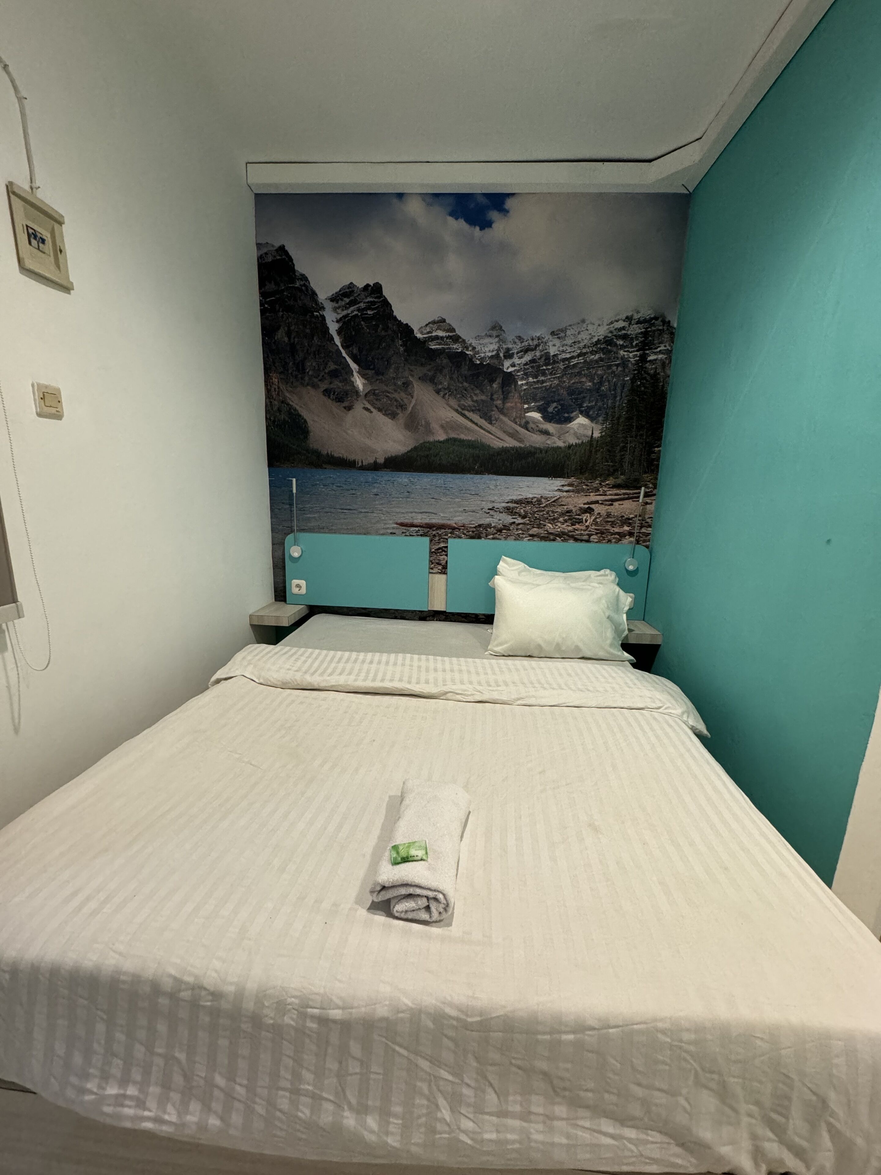 Una cama individual con un mural de un paisaje montañoso encima, un almohadón blanco y una toalla doblada con cuidado sobre la cama.