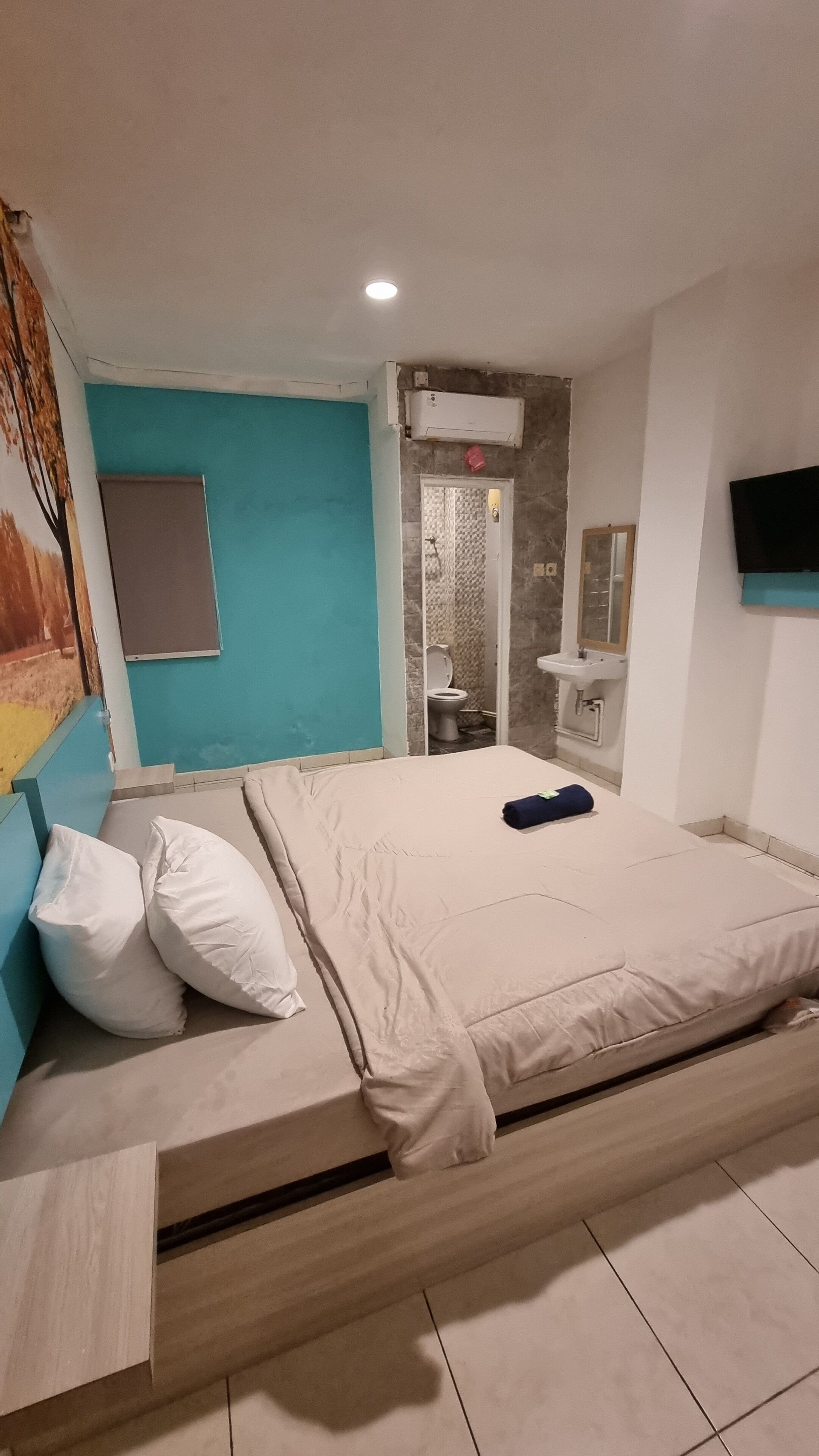 Un dormitorio con cama, almohadas, una mesita de noche, un espejo, un televisor y un baño con inodoro y lavabo.