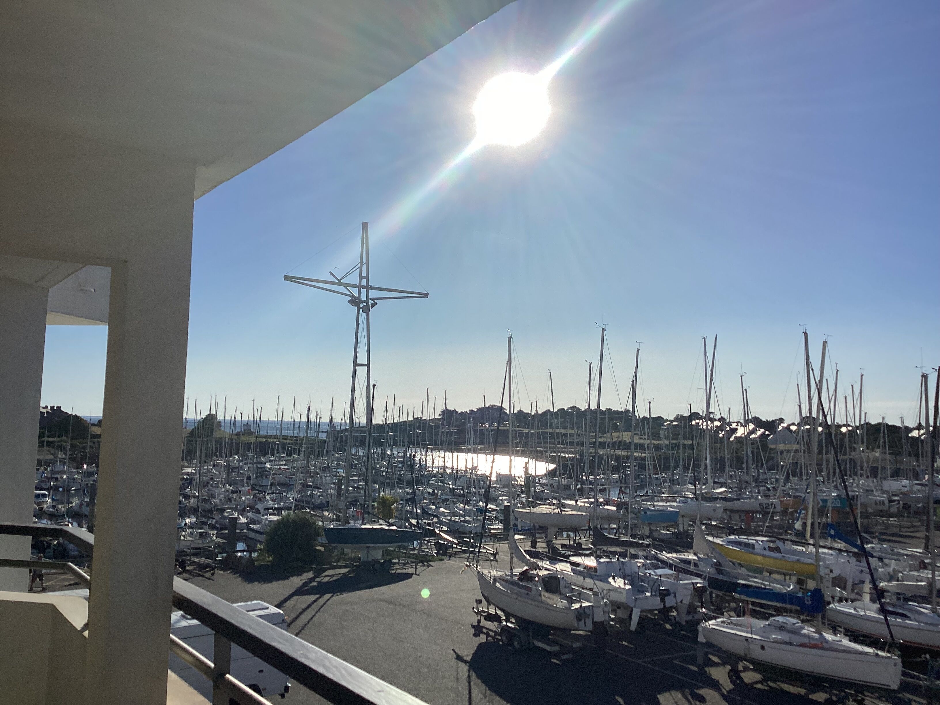 En lystbådehavn med mange både i havnen, klar himmel og strålende sol.