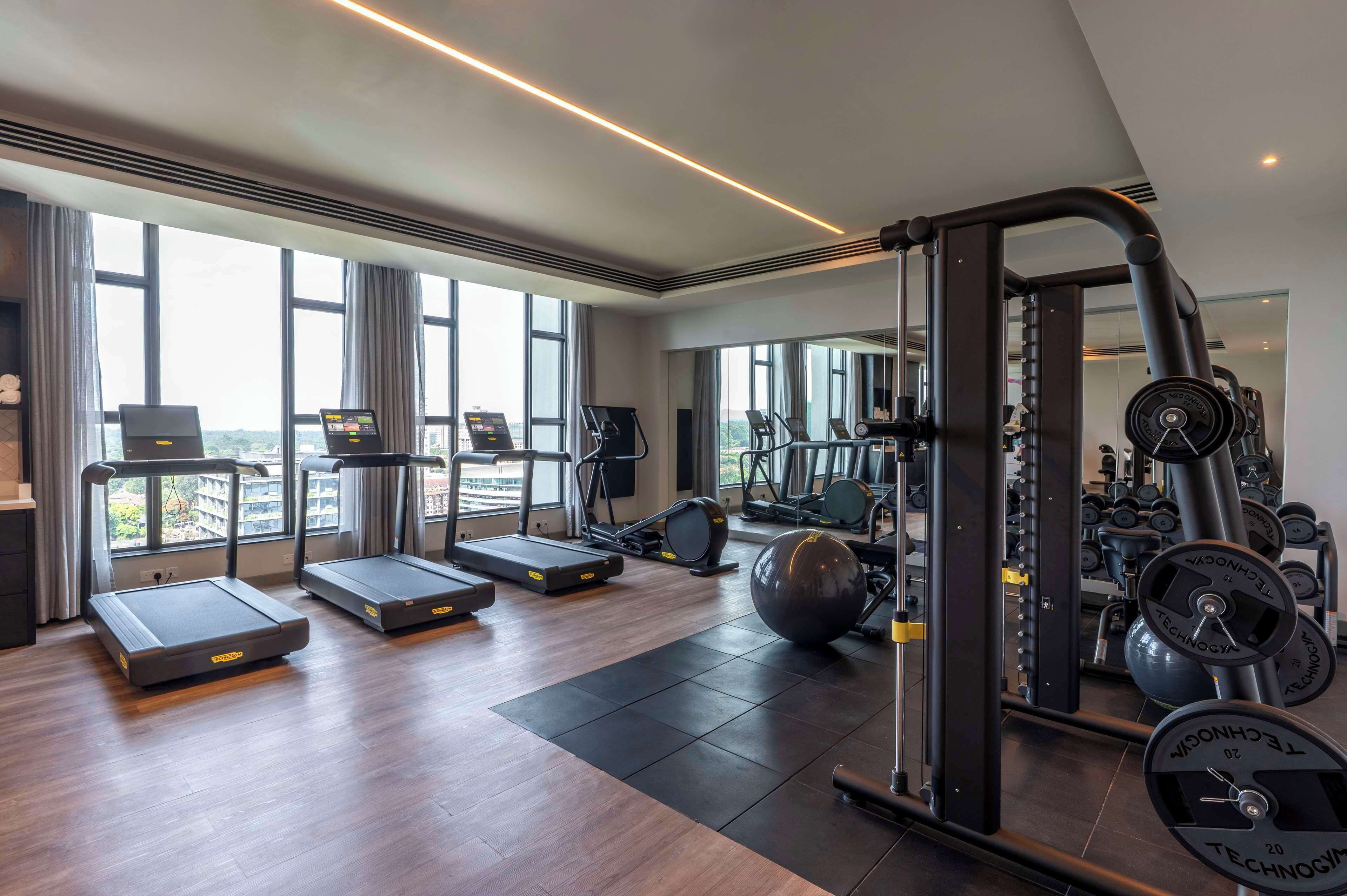 Un gimnasio moderno con cintas de correr, una máquina de remo, una bicicleta estática y equipo de levantamiento de pesas.