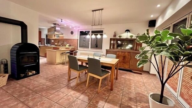 A modern kitchen with a built-in oven, a dining area with a table and chairs, and a potted plant. - Ferienwohnung Baalmann Nr. 4 (Borkum)