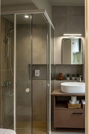 Chuveiro, secador de cabelo, toalhas de banho, sabonete