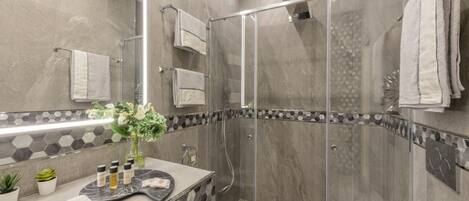Shower, hair dryer, bidet, towels