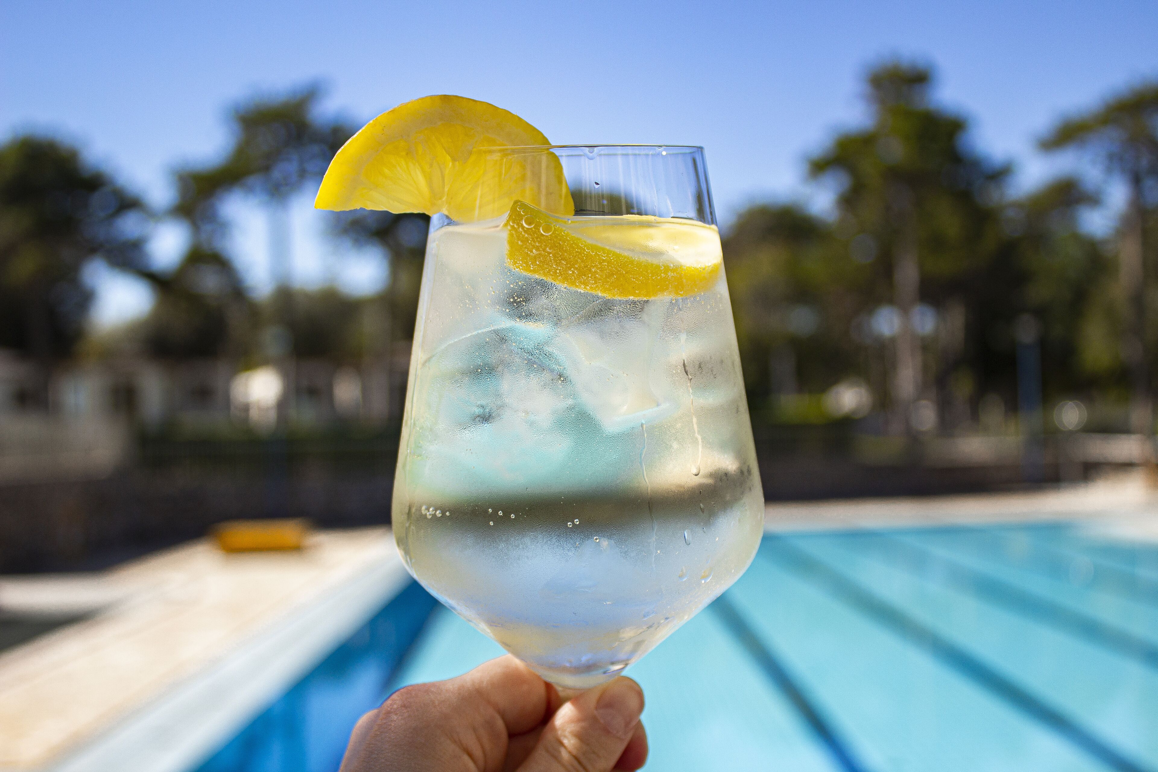 A hand holding a glass with a lemon slice and ice cubes, with a pool in the background.