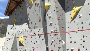 Una pared de escalada con múltiples puntos de agarre y una línea de seguridad roja.
