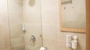 A modern bathroom with a glass shower enclosure, a toilet, and a sink with a mirror above it.