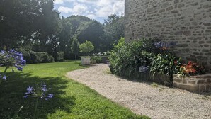 Een tuin met een grindpad, weelderige begroeiing en bloeiende planten.