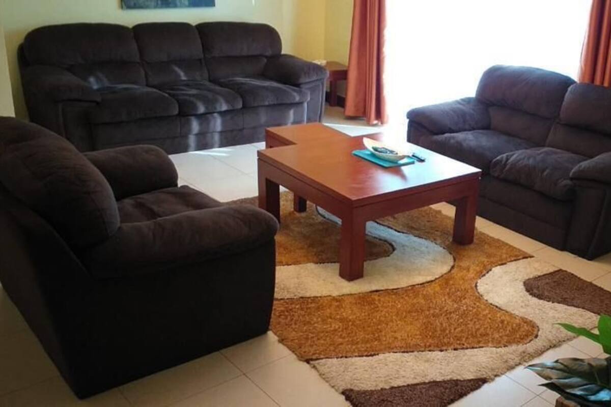 A living room with two dark sofas, a wooden coffee table, and a patterned rug.