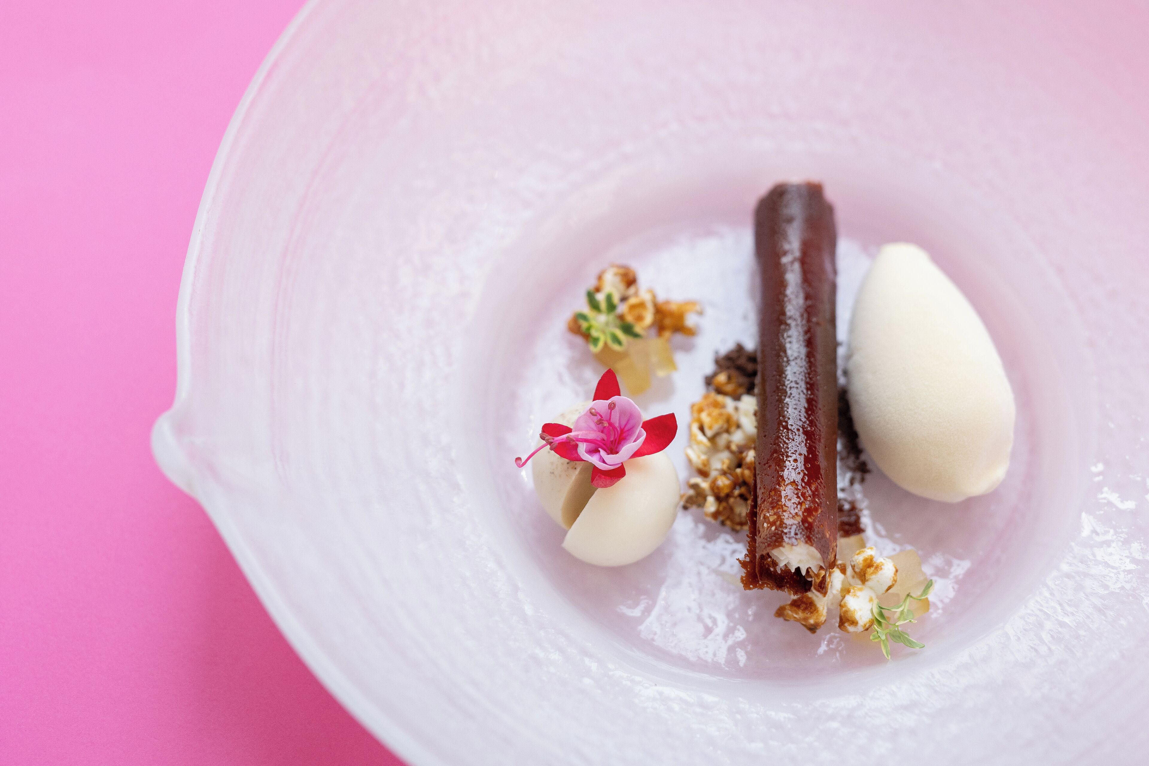 A dessert plate with a chocolate piece, a white sphere, and a pink flower on a pink background.