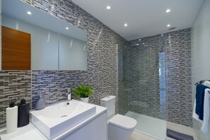Shower, hair dryer, towels, toilet paper