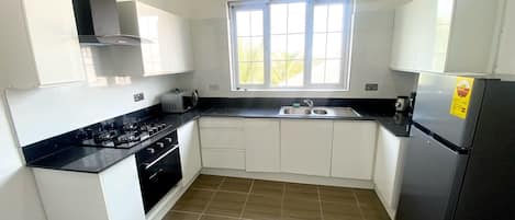 Appartement Luxe | Cuisine privée | Grand réfrigérateur, micro-ondes, four, plaque de cuisson