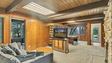 Smart TV, fireplace, books, music library