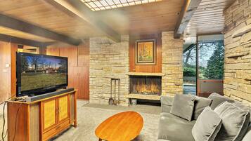 Smart TV, fireplace, books, music library