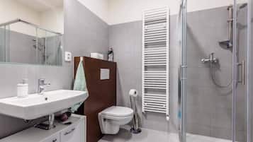 Hair dryer, towels, soap, shampoo
