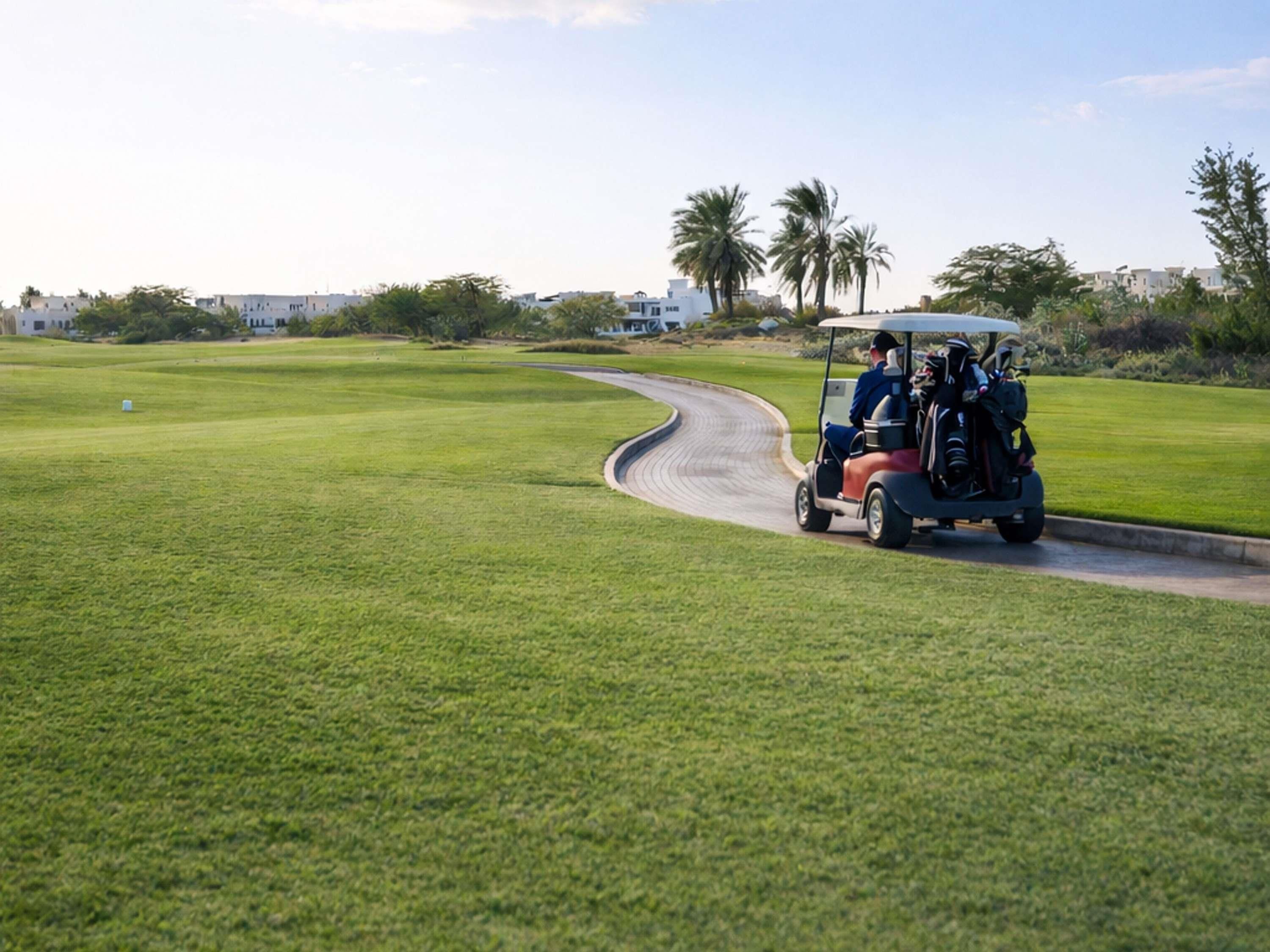 Um carrinho de golfe em um caminho sinuoso em um campo de golfe, com céu azul.