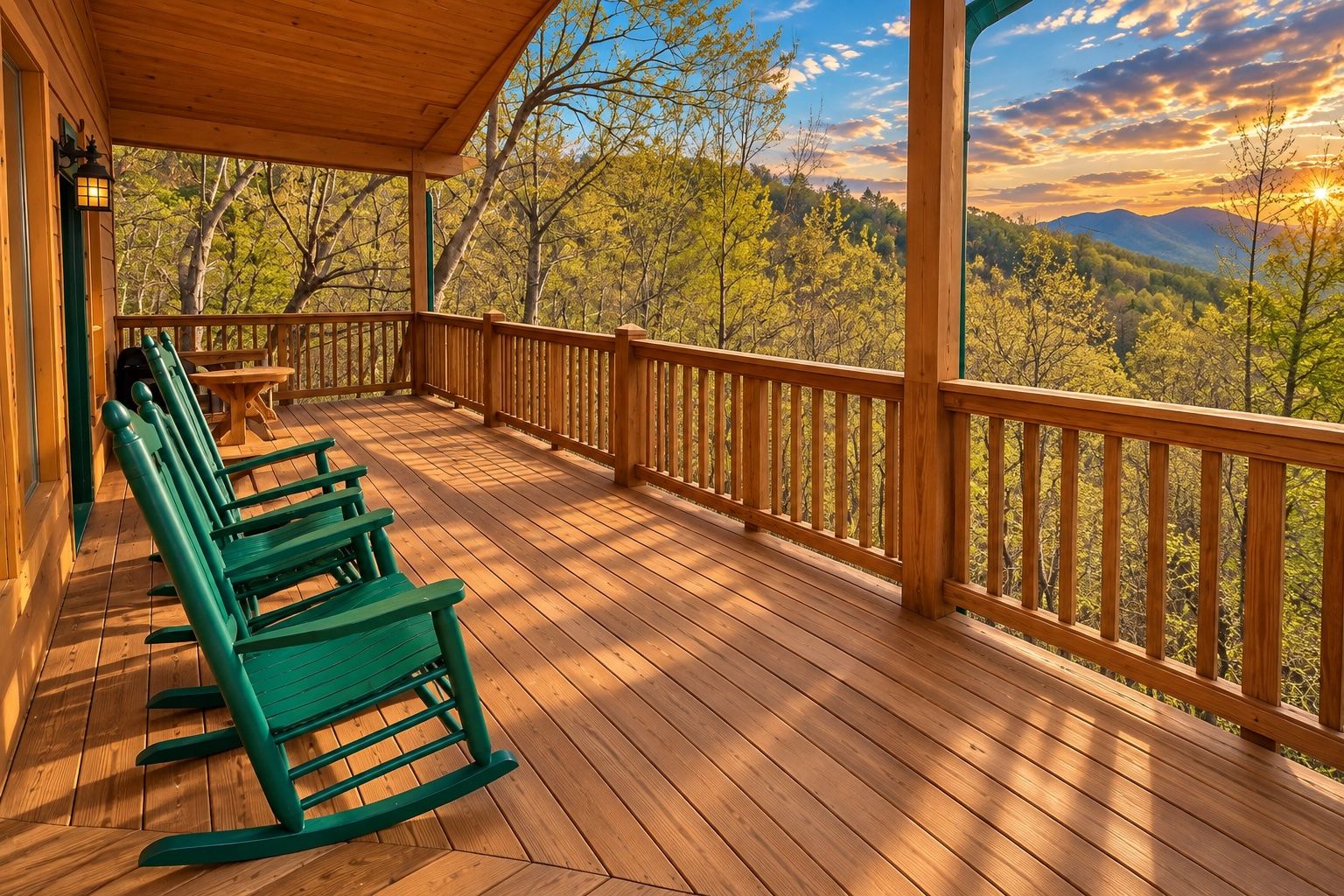 Een houten terras met schommelstoelen en een tafel, met uitzicht op een bebost landschap.