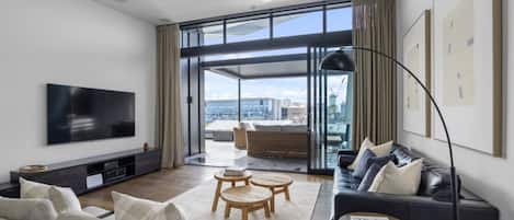 Televisión, chimenea y estéreo