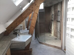 Shower, hair dryer, towels, toilet paper