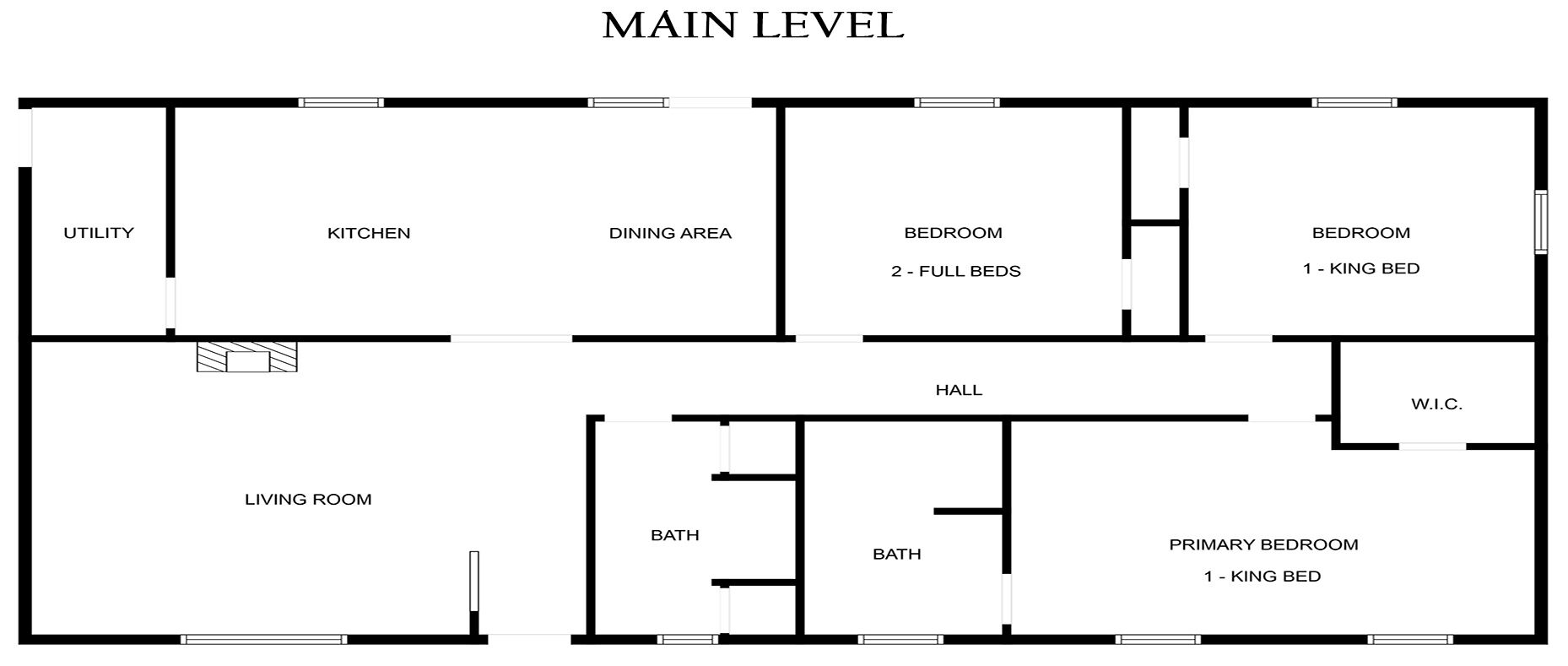 Plano de distribución de una planta principal de hotel, que incluye un cuarto de servicio, cocina, comedor, dos dormitorios, sala de estar, un vestíbulo, dos baños y un closet amplio.