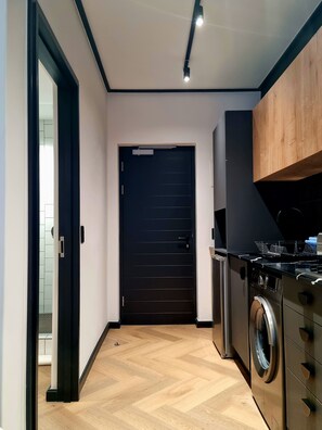 Une cuisine moderne équipée d’un lave-linge, avec une porte noire et un plancher en bois.