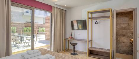 A hotel room with a bed, a desk, a TV, and a shower area.