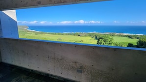 Une pièce dotée d’une grande fenêtre donnant sur un paysage côtier, avec vue sur l’océan et des champs verdoyants.