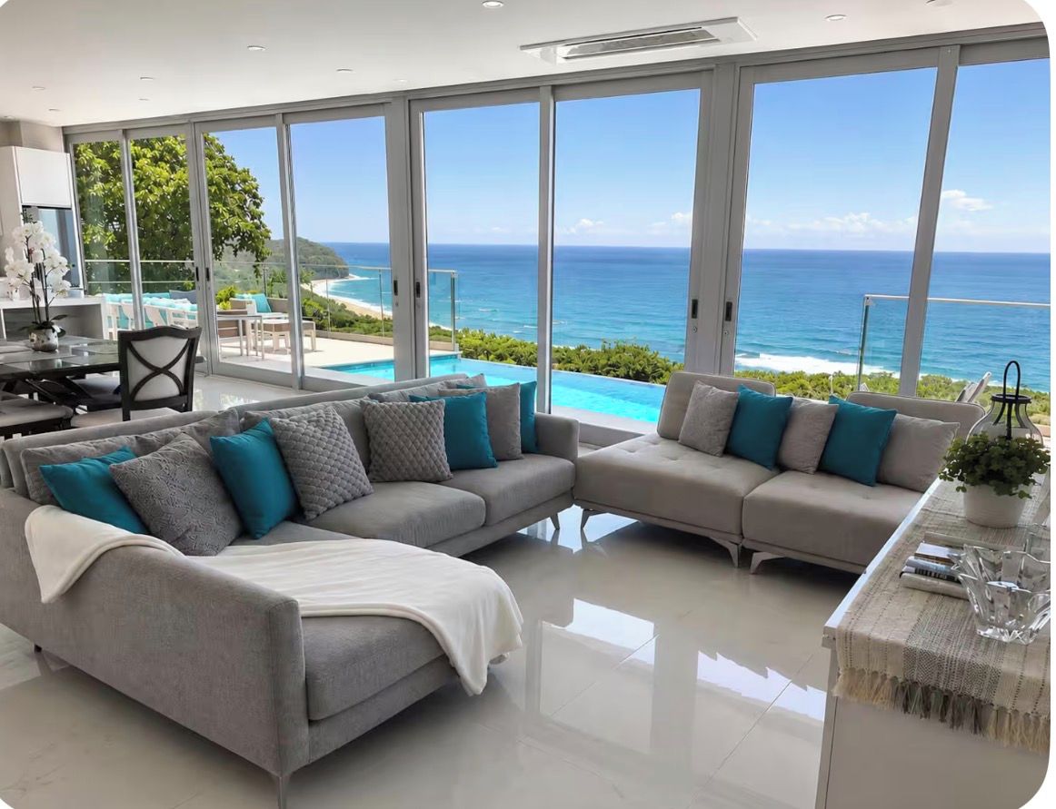 A modern living room with a large glass door leading to a balcony with a view of the ocean.