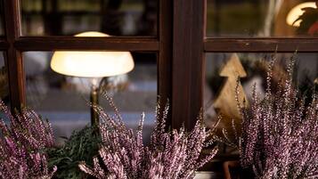 Una ventana con una lámpara y plantas decorativas.