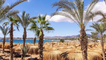 Private beach, beach umbrellas, beach towels, beach bar