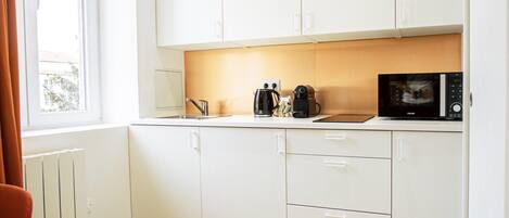 Fridge, microwave, stovetop, coffee/tea maker
