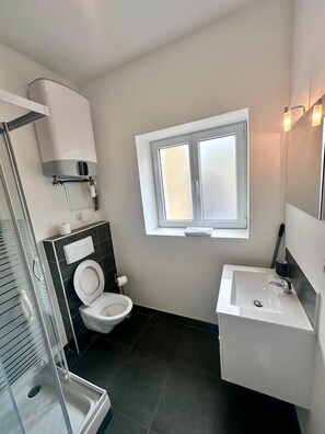 Douche, séchoir à cheveux, serviettes fournies