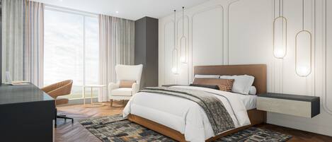 Un dormitorio moderno con una cama grande, un escritorio y una silla.