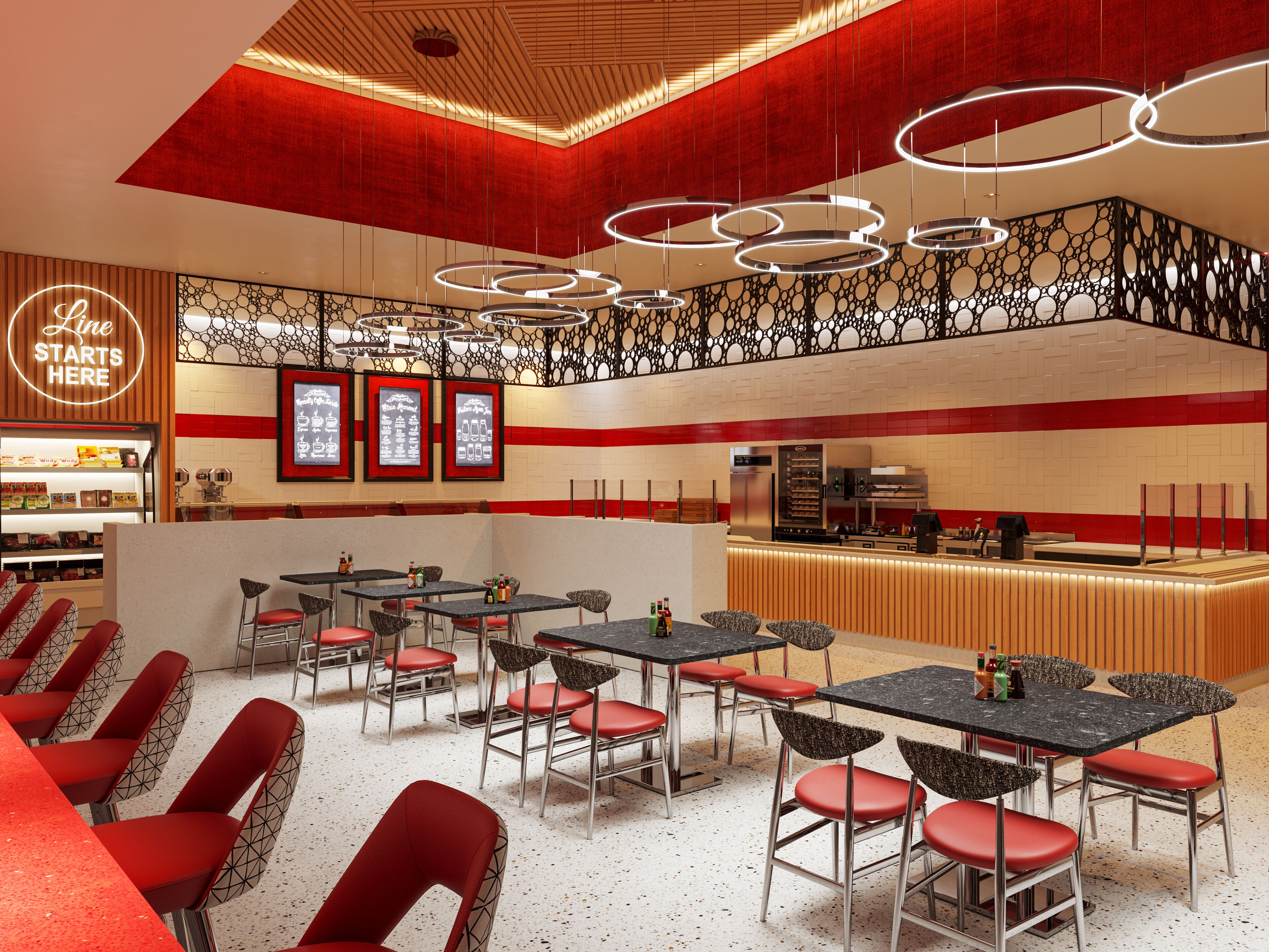 Een modern restaurantinterieur met rode en witte decoratie, meerdere zithoeken en een balie met een menukaart.