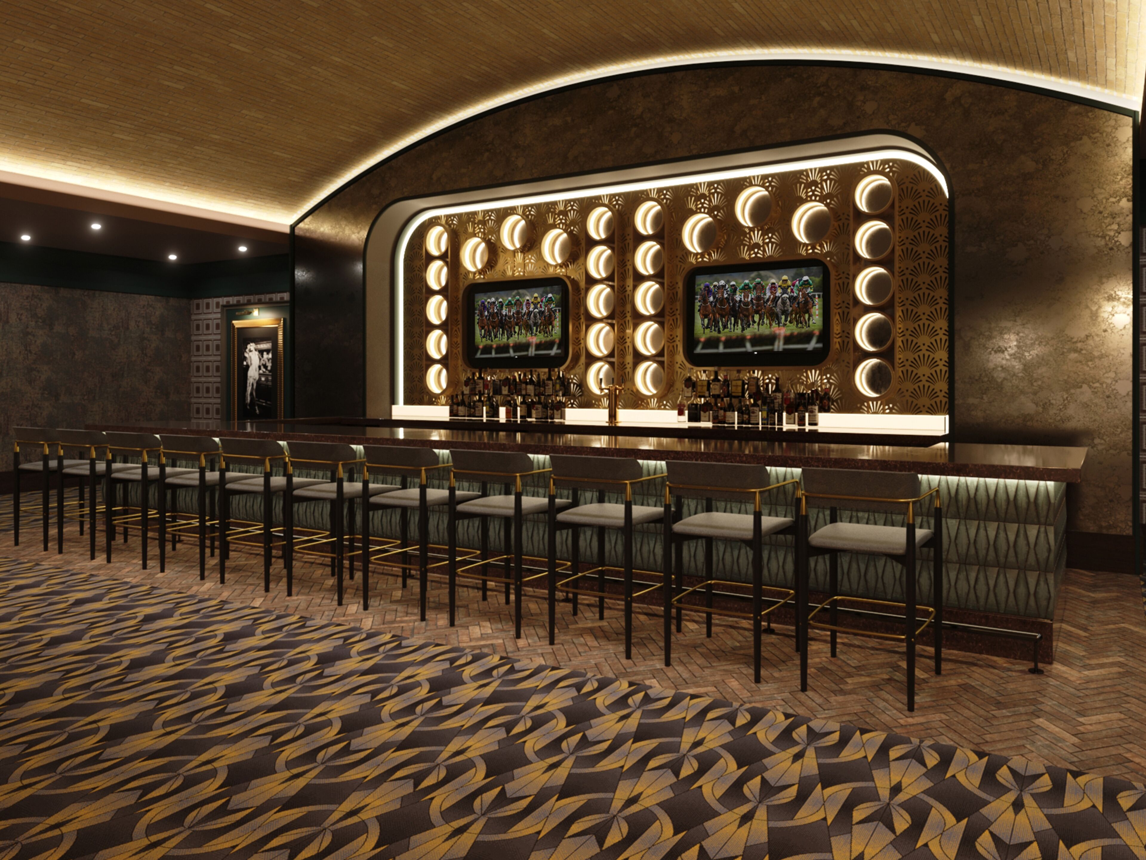 A bar area with a curved ceiling, a row of bar stools, and a television screen displaying a sports event.