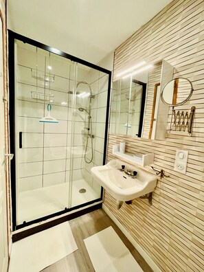 Shower, hair dryer, towels, toilet paper