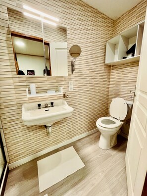 A bathroom with a sink, mirror, toilet, and wooden-patterned walls.
