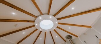 A pet friendly Roundhouse cabin with electric hot tub.