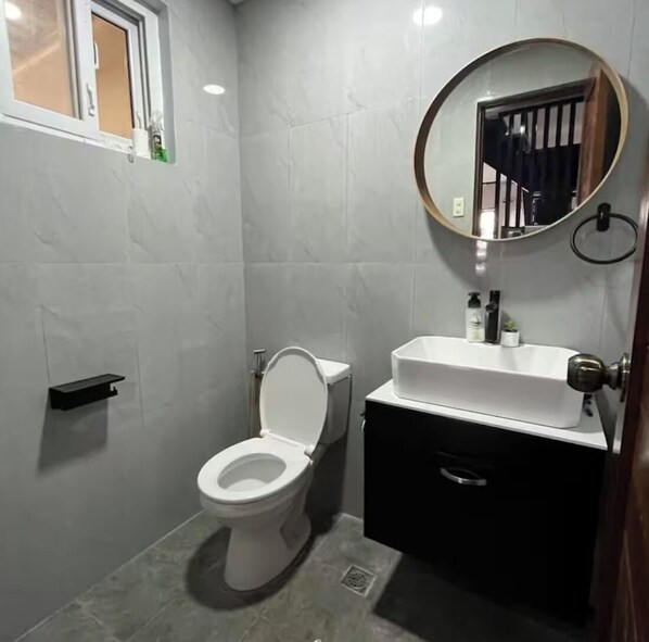 A modern bathroom with a toilet, sink, and mirror.