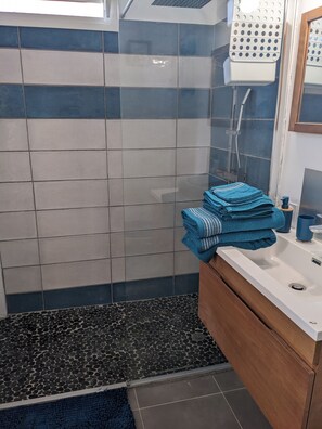 Shower, towels, toilet paper