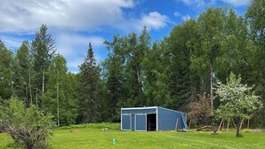 Ein grünes Rasenstück mit drei türkisfarbenen Adirondack-Stühlen, einem kleinen Schuppen und einem dichten Wald im Hintergrund.