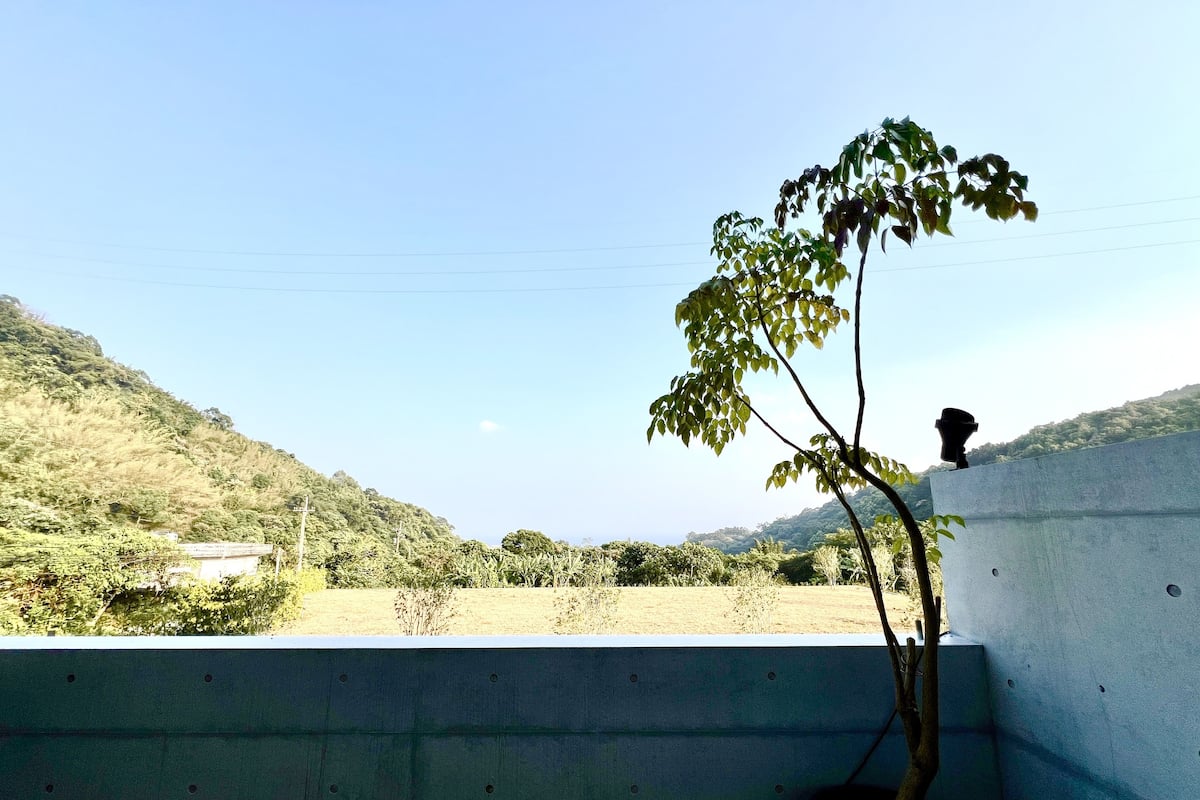 A potted plant on a balcony with a view of a hilly landscape.