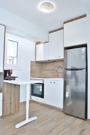 Fridge, oven, coffee/tea maker, electric kettle