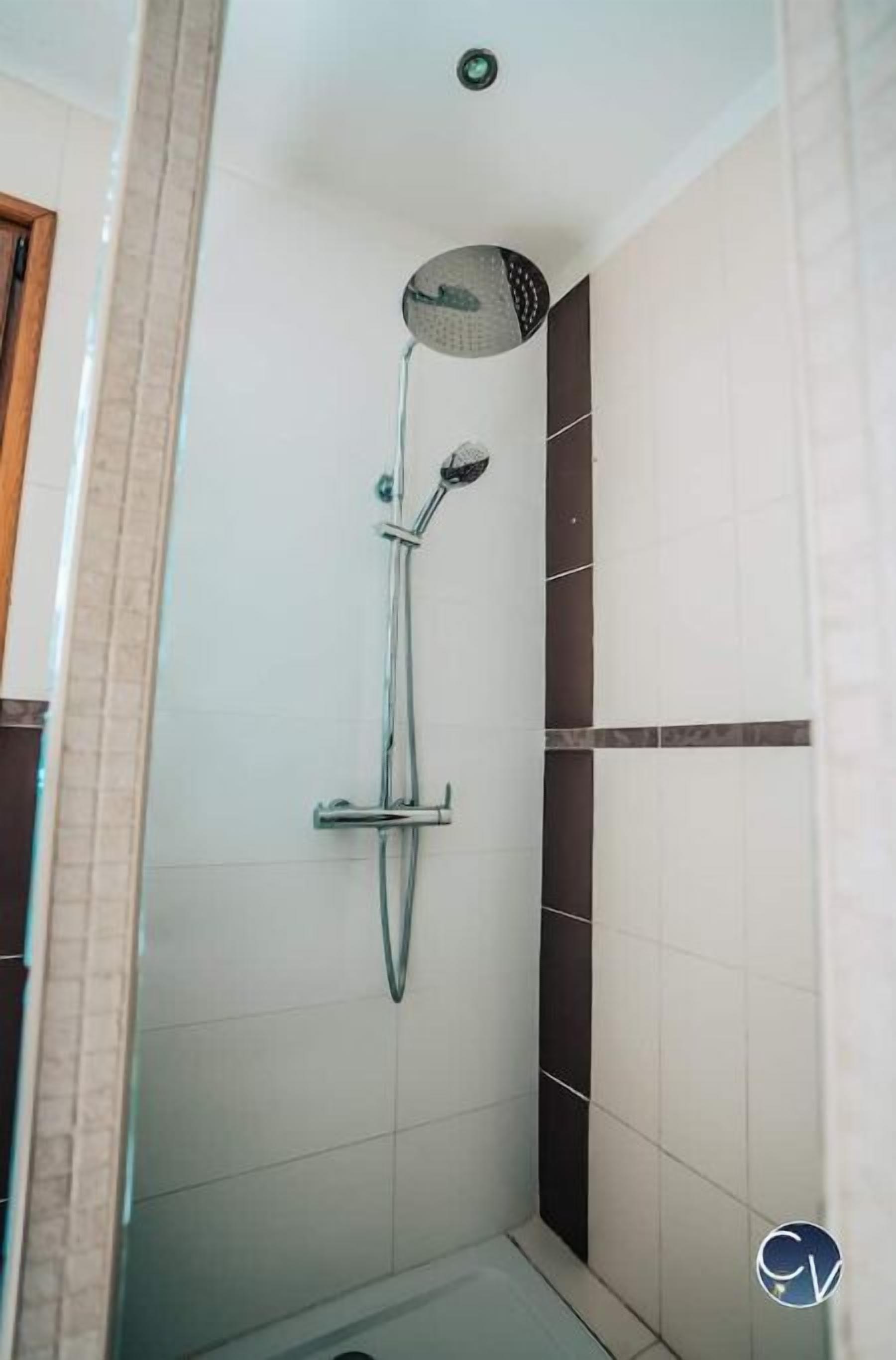 Een douche met een handdouche en een handbedienbare kraan.