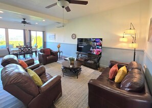 Smart TV, fireplace, DVD player, books